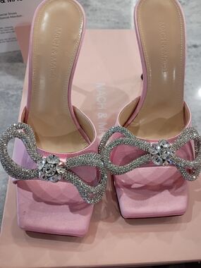 MACH & MACH Pink Silk Crystal Bow Mules Women's Size 38.5 New